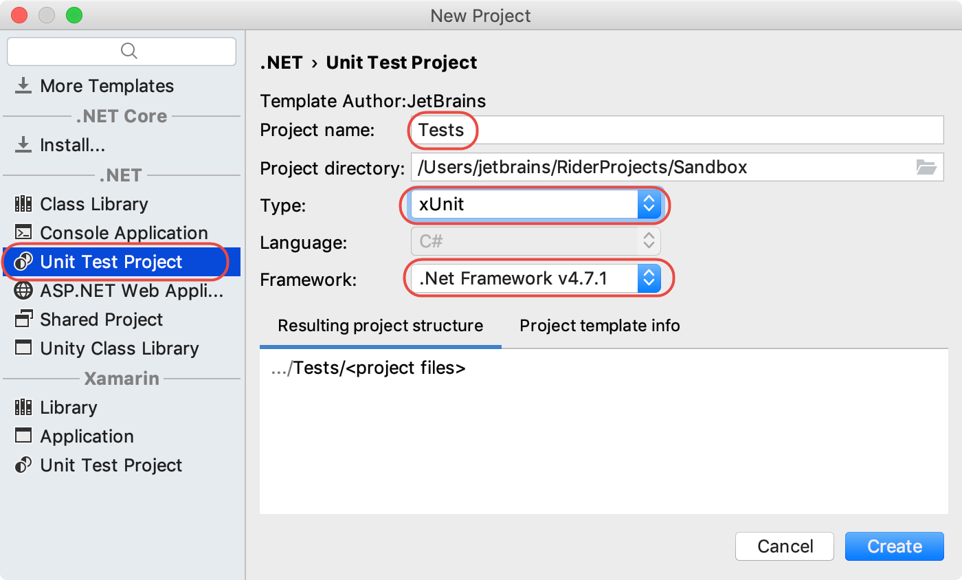 Creating a new xUnit.net test project. Project properties