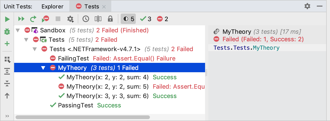 Analyzing test results for xUnit.net theory in Rider