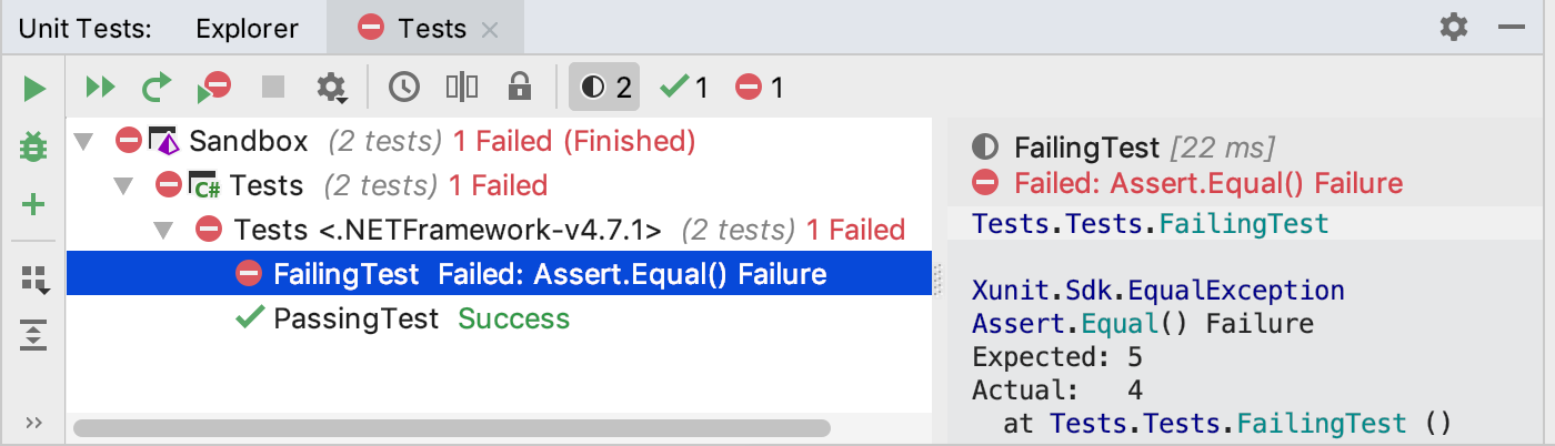 Analyzing xUnit.net test results in Rider