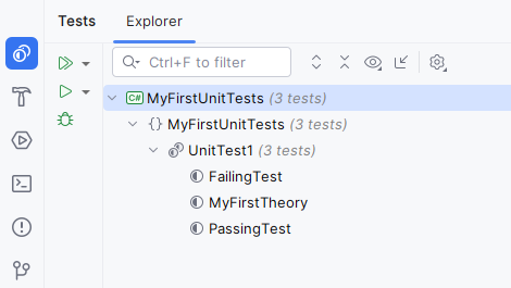 JetBrains Rider Tests tool window