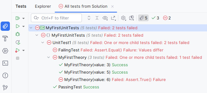 JetBrains Rider Tests tool window (after tests have run)